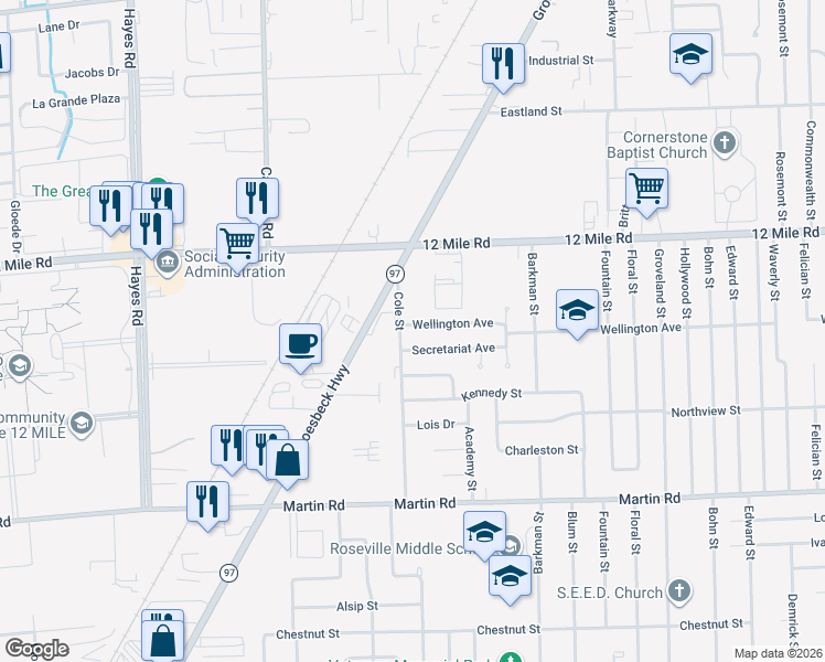 map of restaurants, bars, coffee shops, grocery stores, and more near 16047 Wellington Avenue in Roseville