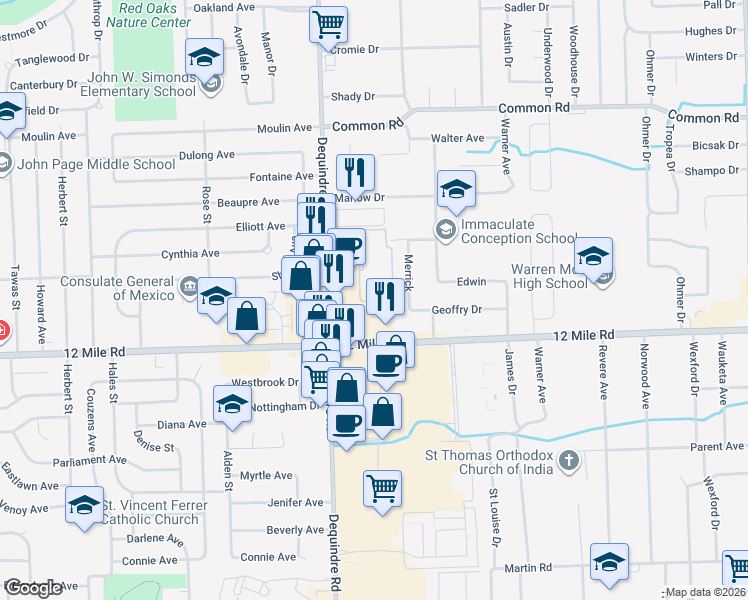 map of restaurants, bars, coffee shops, grocery stores, and more near 29384 Dequindre Road in Warren