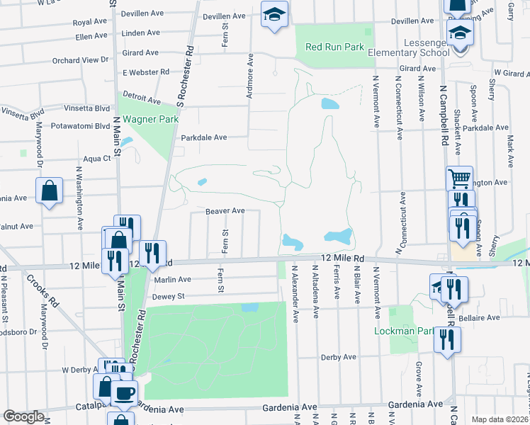 map of restaurants, bars, coffee shops, grocery stores, and more near 1944 Brookwood Avenue in Royal Oak