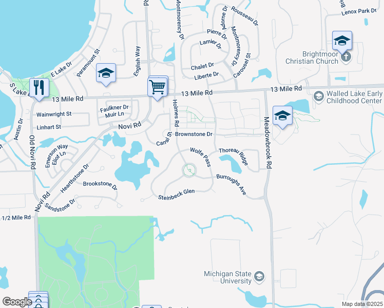 map of restaurants, bars, coffee shops, grocery stores, and more near 41889 Wolfe Pass in Novi