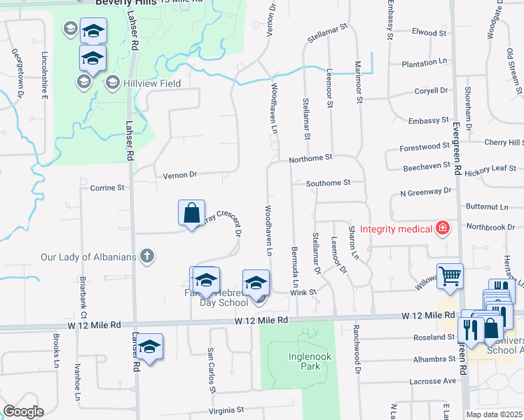 map of restaurants, bars, coffee shops, grocery stores, and more near 29625 Woodhaven Lane in Southfield