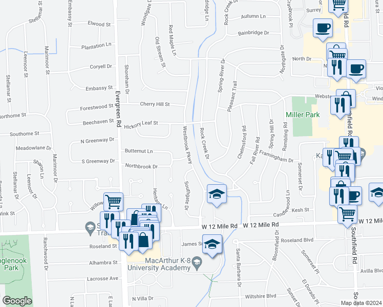 map of restaurants, bars, coffee shops, grocery stores, and more near 29606 Westbrook Parkway in Southfield