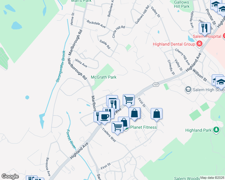 map of restaurants, bars, coffee shops, grocery stores, and more near 2 Springside Avenue in Salem