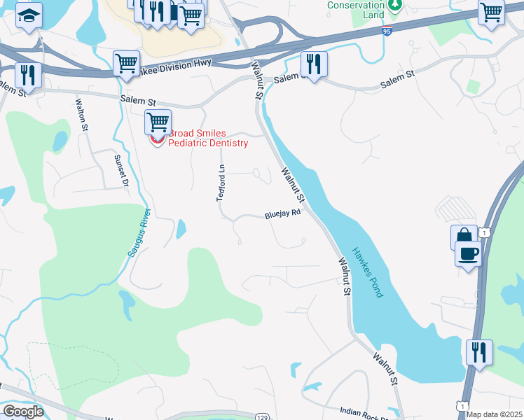map of restaurants, bars, coffee shops, grocery stores, and more near 17 Bluejay Road in Lynnfield