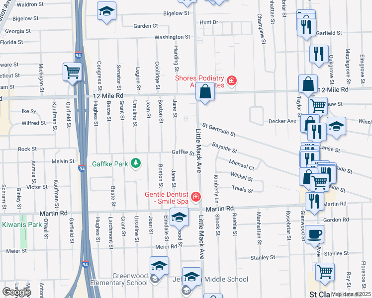 map of restaurants, bars, coffee shops, grocery stores, and more near 20701 Gaffke Street in Saint Clair Shores