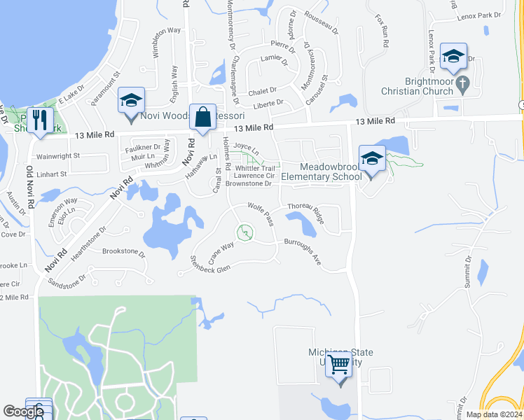 map of restaurants, bars, coffee shops, grocery stores, and more near 41889 Wolfe Pass in Novi