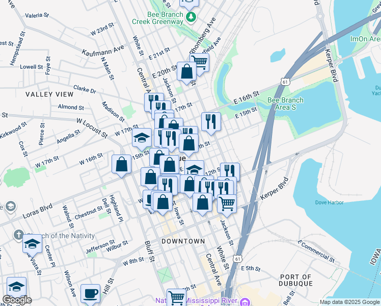 map of restaurants, bars, coffee shops, grocery stores, and more near 195 East 14th Street in Dubuque