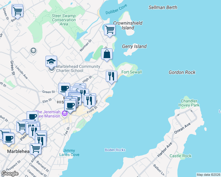 map of restaurants, bars, coffee shops, grocery stores, and more near 11 Selman Street in Marblehead