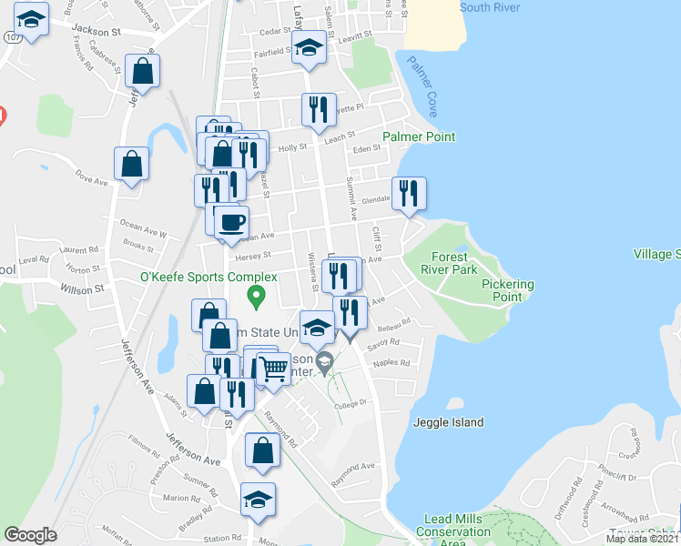 map of restaurants, bars, coffee shops, grocery stores, and more near 3 Clifton Avenue in Salem