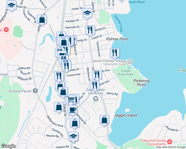 map of restaurants, bars, coffee shops, grocery stores, and more near 310 Lafayette Street in Salem