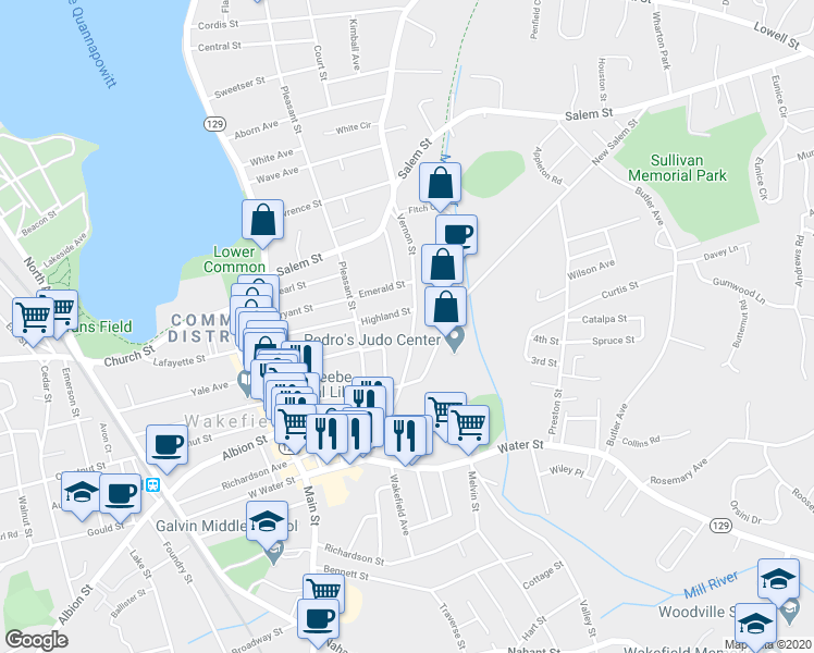 map of restaurants, bars, coffee shops, grocery stores, and more near 22 Highland Street in Wakefield