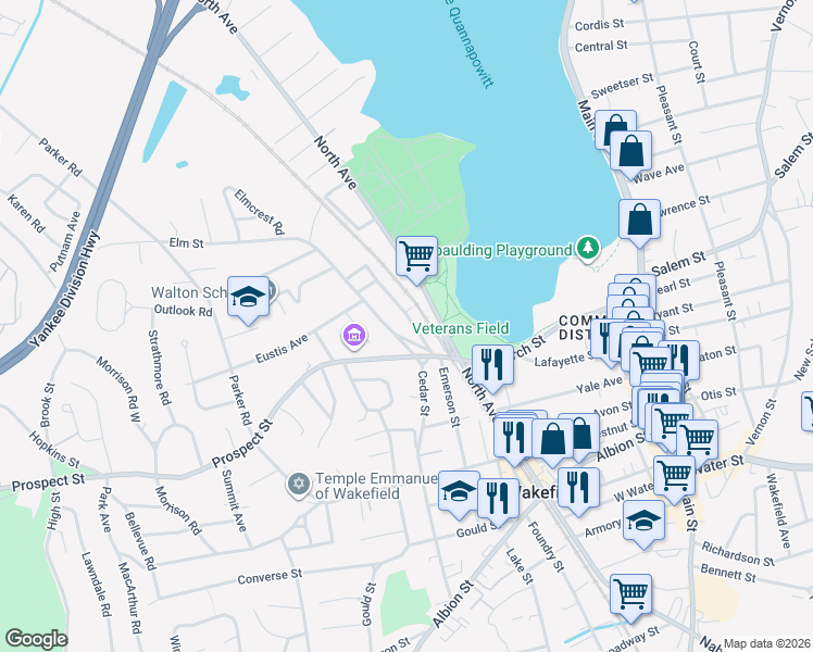 map of restaurants, bars, coffee shops, grocery stores, and more near 480 North Avenue in Wakefield