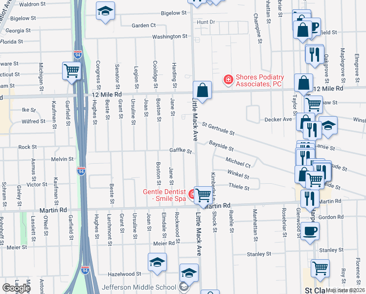map of restaurants, bars, coffee shops, grocery stores, and more near 28912 Jane Street in St. Clair Shores