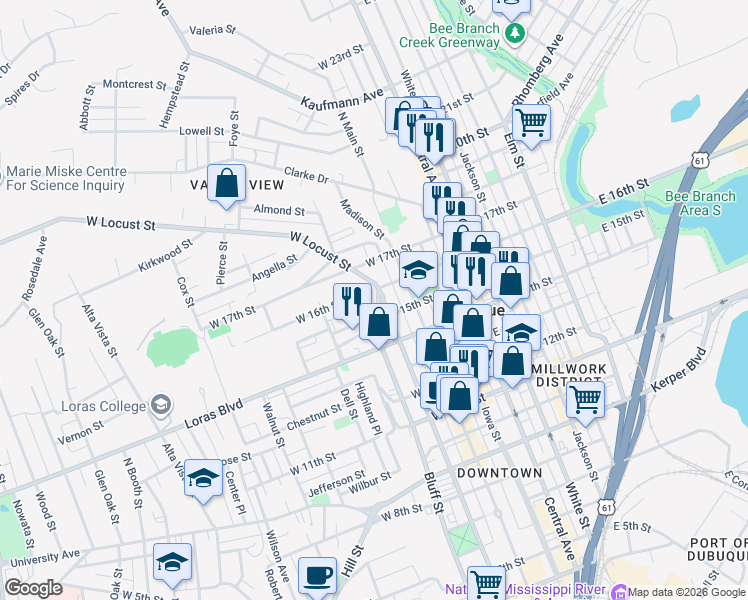 map of restaurants, bars, coffee shops, grocery stores, and more near 1599 Bluff Street in Dubuque