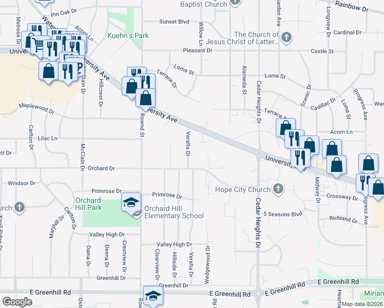 map of restaurants, bars, coffee shops, grocery stores, and more near 3422 Veralta Drive in Cedar Falls