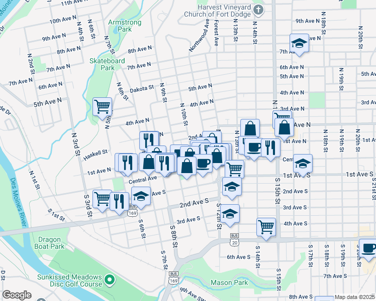 map of restaurants, bars, coffee shops, grocery stores, and more near 127 North 10th Street in Fort Dodge