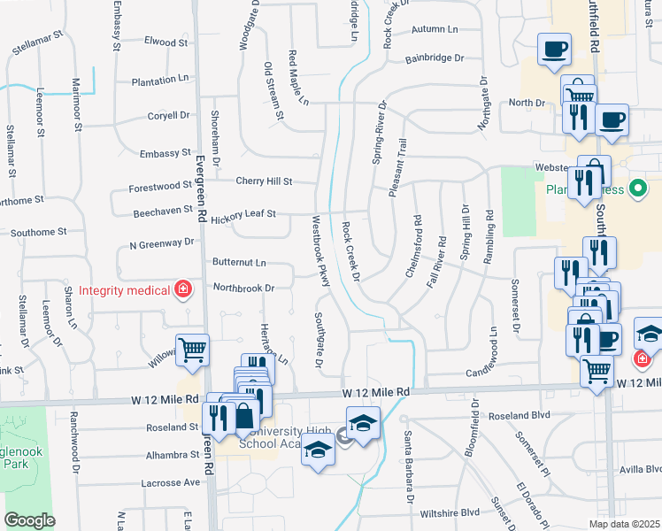 map of restaurants, bars, coffee shops, grocery stores, and more near 29648 Westbrook Parkway in Southfield