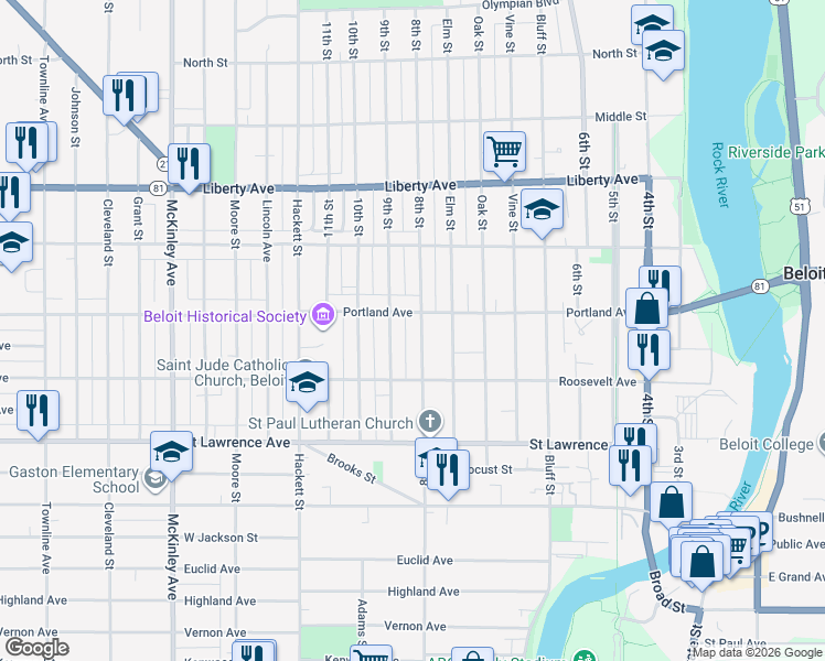 map of restaurants, bars, coffee shops, grocery stores, and more near 848 8th Street in Beloit