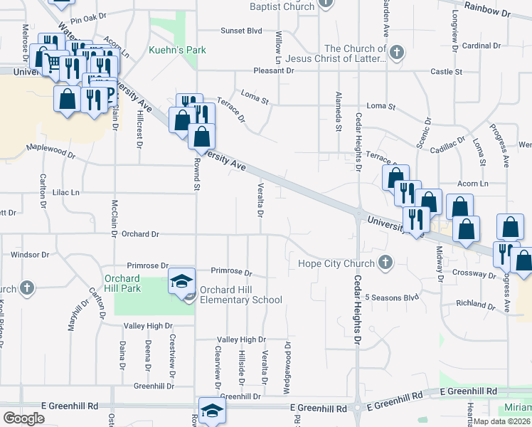 map of restaurants, bars, coffee shops, grocery stores, and more near 3422 Veralta Drive in Cedar Falls