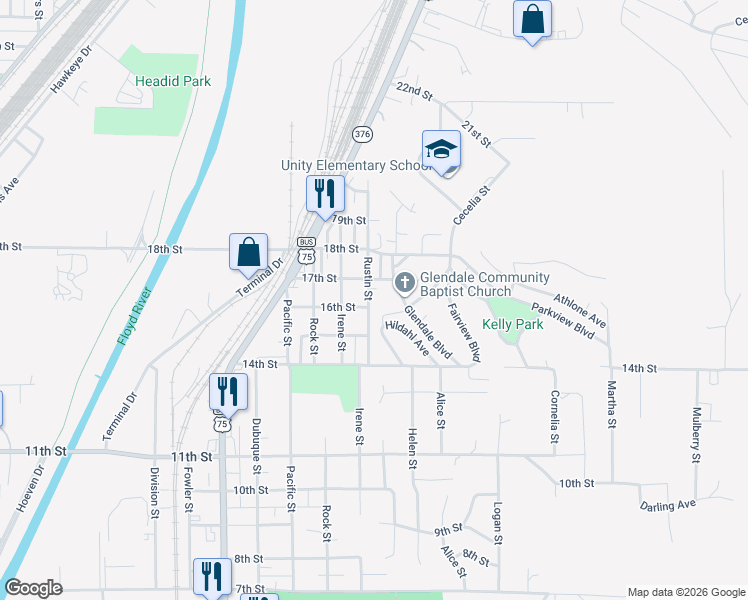 map of restaurants, bars, coffee shops, grocery stores, and more near 1600-1698 Rustin Street in Sioux City