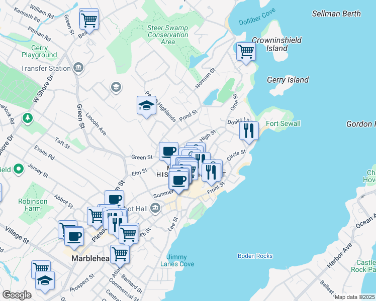 map of restaurants, bars, coffee shops, grocery stores, and more near 27 Pearl Street in Marblehead