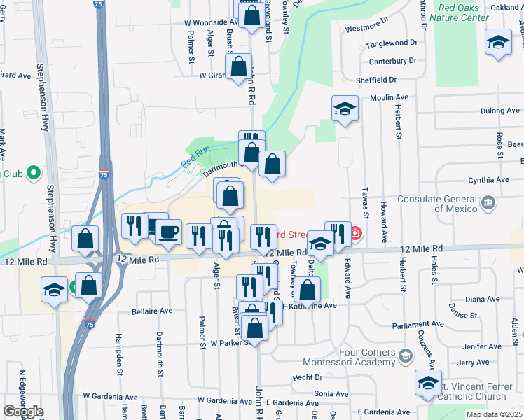 map of restaurants, bars, coffee shops, grocery stores, and more near 29250 John R Rd in Madison Heights