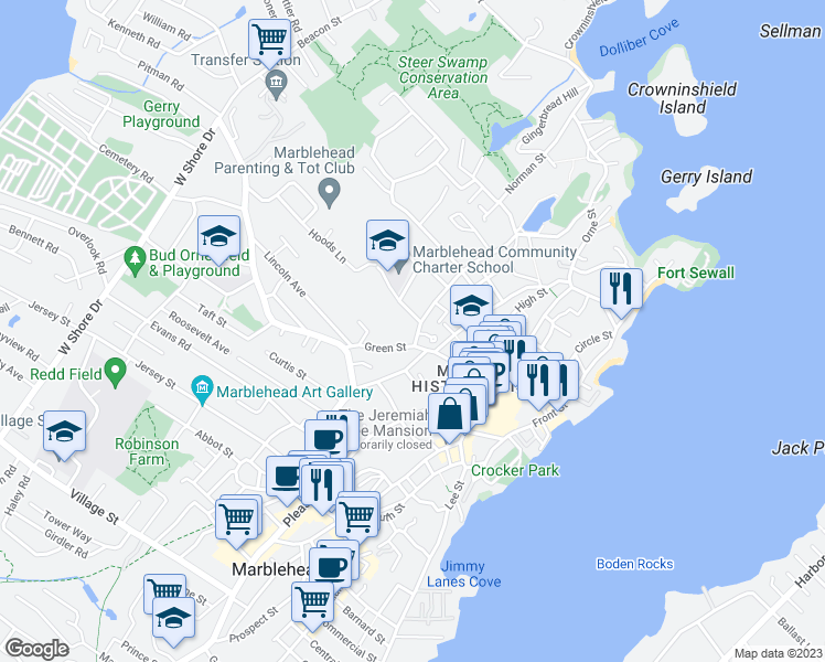 map of restaurants, bars, coffee shops, grocery stores, and more near 4 Pond Street in Marblehead