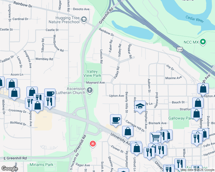 map of restaurants, bars, coffee shops, grocery stores, and more near 411 Hughes Drive in Waterloo