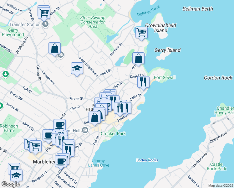 map of restaurants, bars, coffee shops, grocery stores, and more near 41 Washington Street in Marblehead