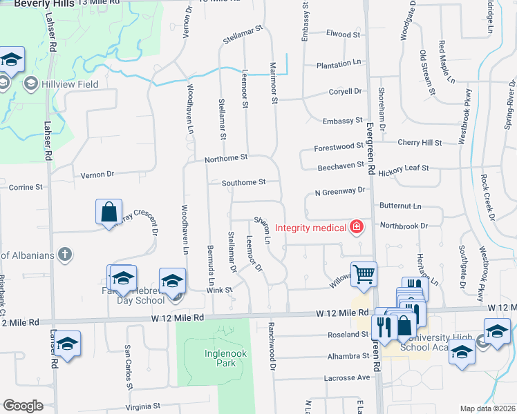 map of restaurants, bars, coffee shops, grocery stores, and more near 29523 Meadowlane Drive in Southfield