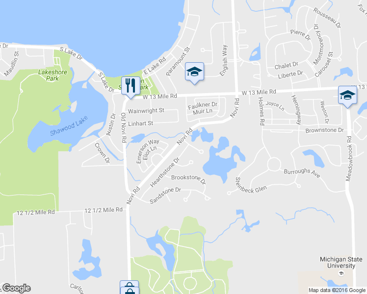 map of restaurants, bars, coffee shops, grocery stores, and more near 29059 Hearthstone Drive in Novi