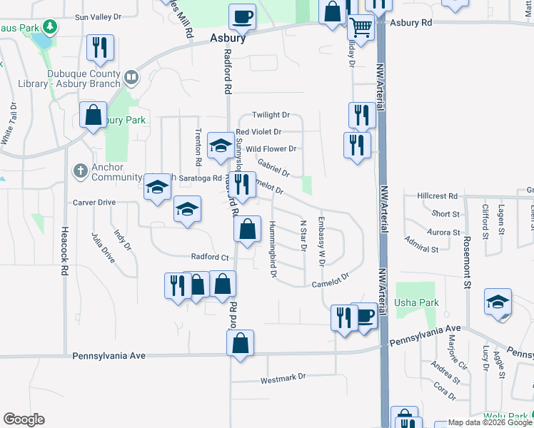 map of restaurants, bars, coffee shops, grocery stores, and more near 2167 Sunnyslope Drive in Dubuque