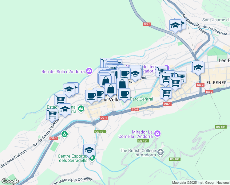 map of restaurants, bars, coffee shops, grocery stores, and more near Plaça del Poble in Andorra la Vella