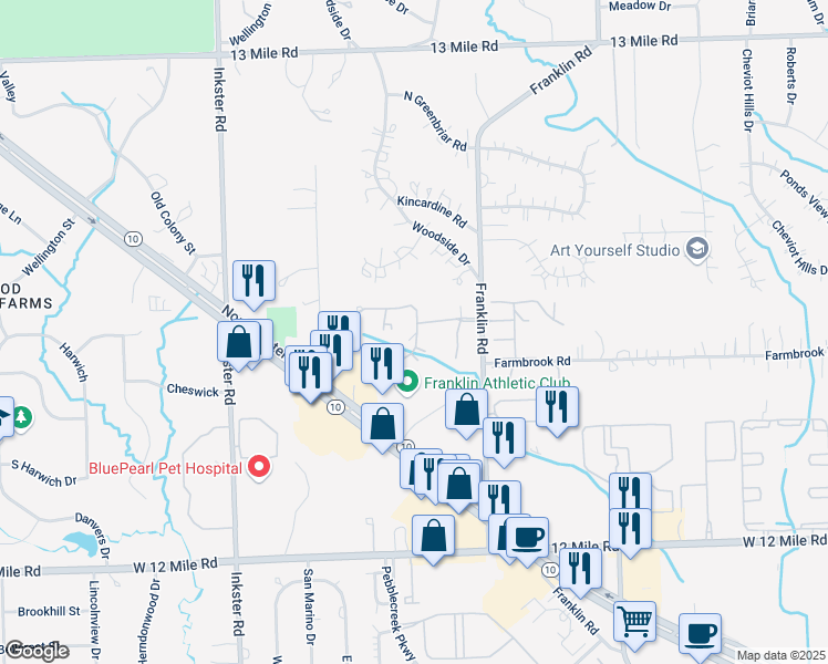 map of restaurants, bars, coffee shops, grocery stores, and more near 26925 Farmbrook Villa Drive in Southfield
