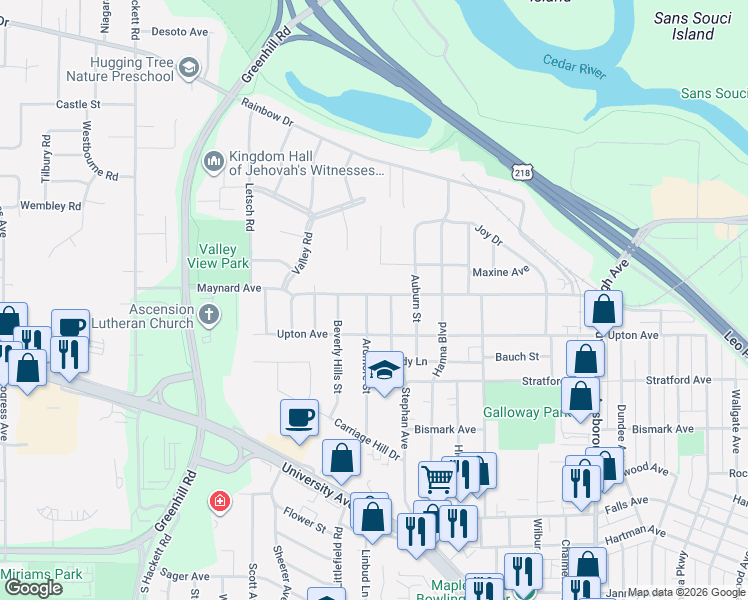 map of restaurants, bars, coffee shops, grocery stores, and more near 1622 Maynard Ave in Waterloo