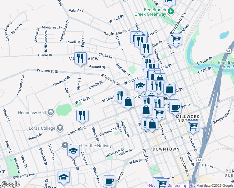 map of restaurants, bars, coffee shops, grocery stores, and more near 431 West 16th Street in Dubuque