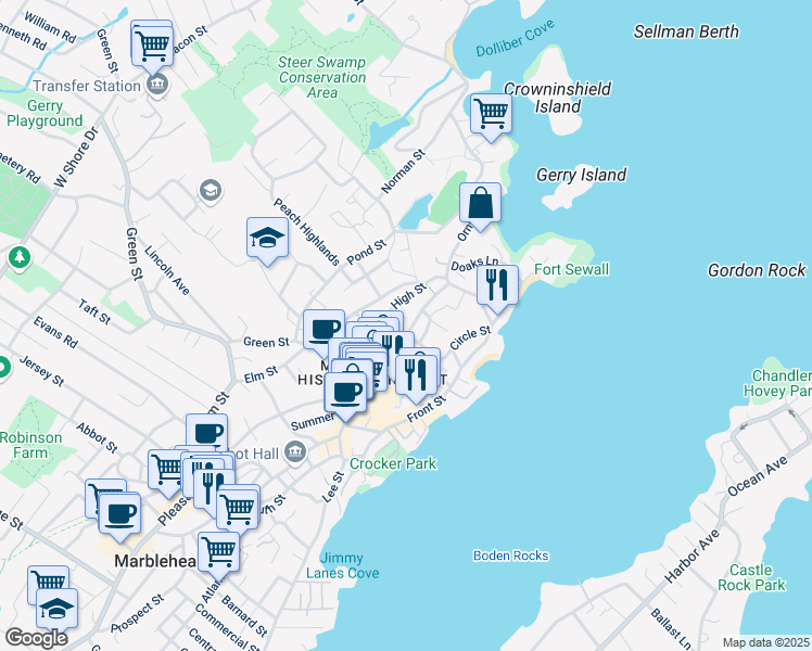 map of restaurants, bars, coffee shops, grocery stores, and more near 41 Washington Street in Marblehead