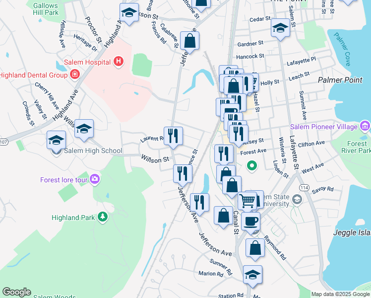 map of restaurants, bars, coffee shops, grocery stores, and more near 9 Wheatland Street in Salem