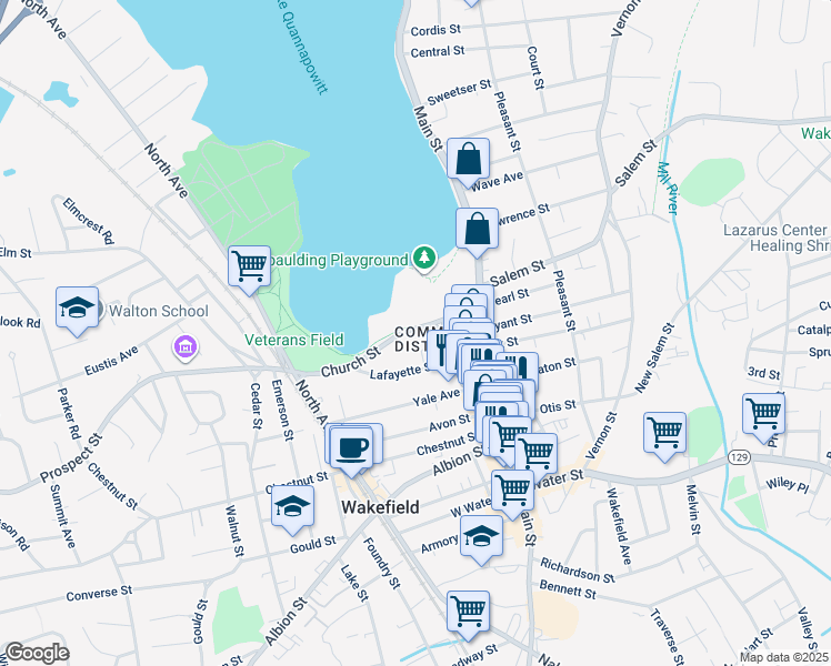 map of restaurants, bars, coffee shops, grocery stores, and more near 1 Common Street in Wakefield
