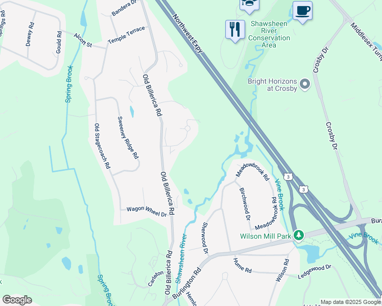map of restaurants, bars, coffee shops, grocery stores, and more near 2 Mitchell Grant Way in Bedford