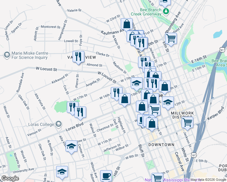 map of restaurants, bars, coffee shops, grocery stores, and more near 431 West 16th Street in Dubuque
