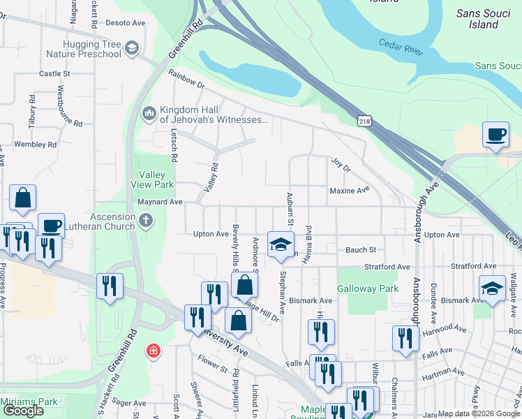 map of restaurants, bars, coffee shops, grocery stores, and more near 1622 Maynard Ave in Waterloo