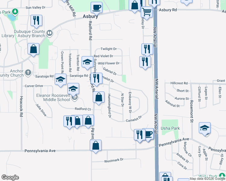 map of restaurants, bars, coffee shops, grocery stores, and more near 2179 North Star Drive in Dubuque