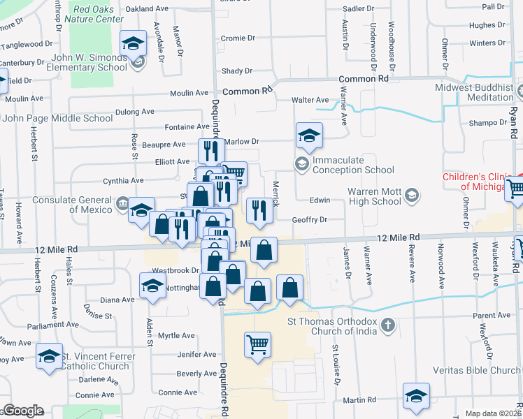 map of restaurants, bars, coffee shops, grocery stores, and more near 29384 Dequindre Rd in Warren