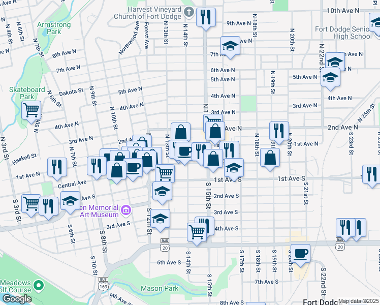 map of restaurants, bars, coffee shops, grocery stores, and more near 1411 1st Avenue North in Fort Dodge