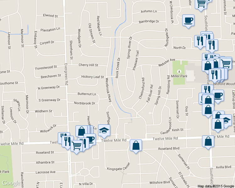 map of restaurants, bars, coffee shops, grocery stores, and more near 29659 Rock Creek Drive in Southfield