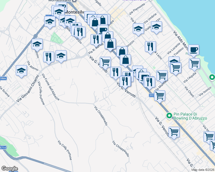 map of restaurants, bars, coffee shops, grocery stores, and more near Via Massimo D'Azeglio in Montesilvano