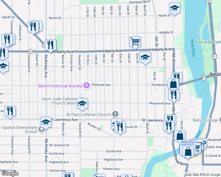 map of restaurants, bars, coffee shops, grocery stores, and more near 857 9th Street in Beloit