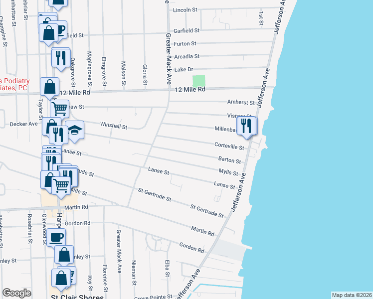 map of restaurants, bars, coffee shops, grocery stores, and more near 22431 Barton Street in Saint Clair Shores