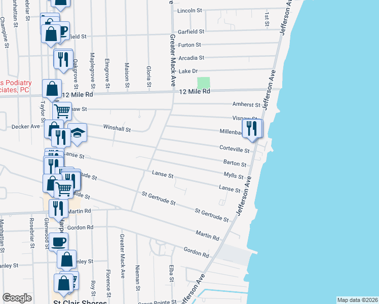 map of restaurants, bars, coffee shops, grocery stores, and more near 22431 Barton Street in St. Clair Shores